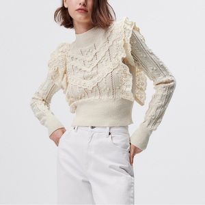 NEW Zara pointelle ruffled knit sweater